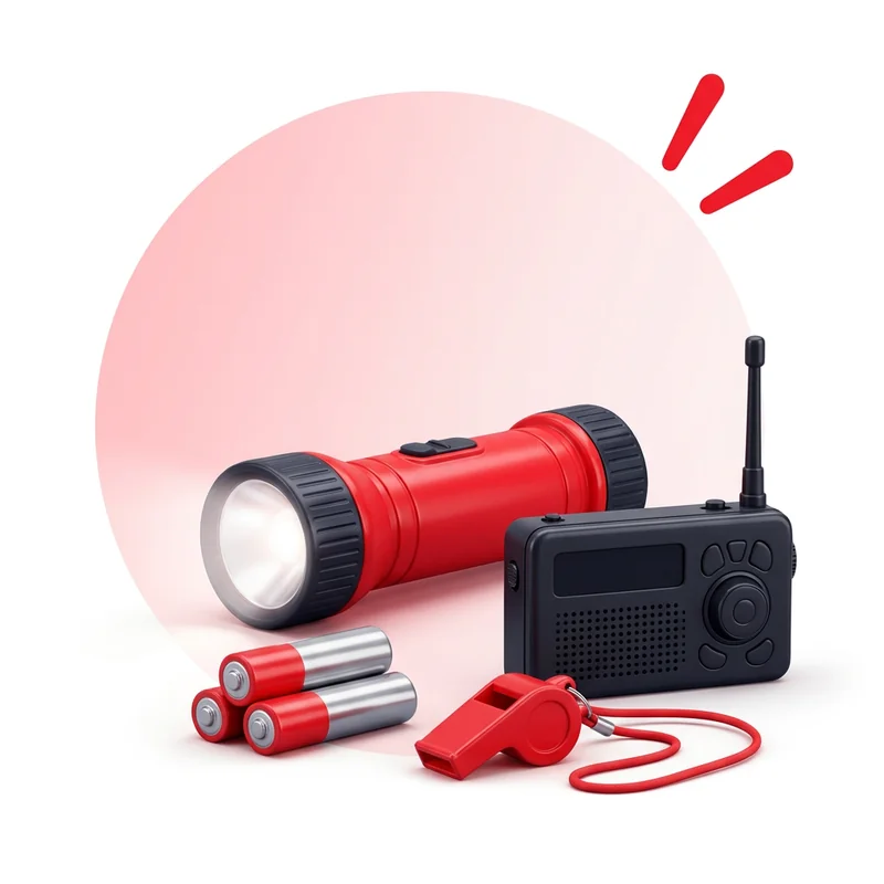 Linterna, radio y silbato